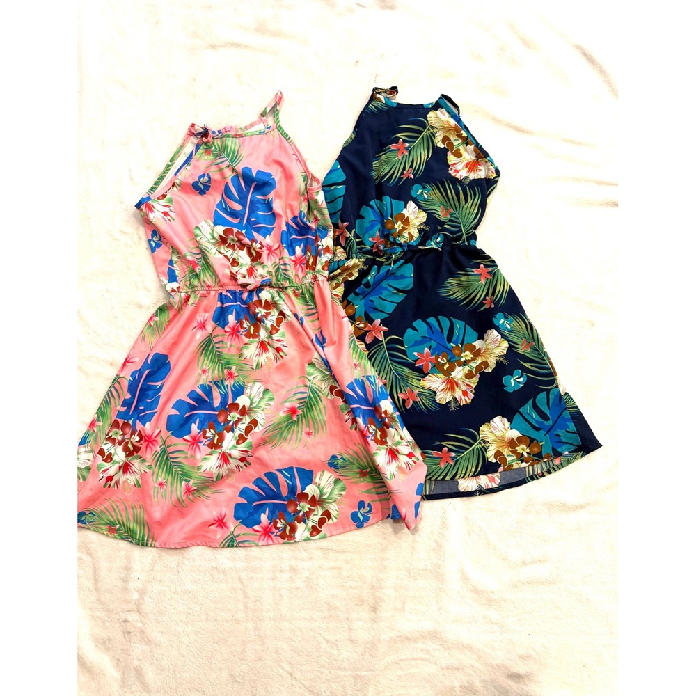 Oyoangle Girls Boho Floral Hawaiian Swing Dress 2 Pack Pink Navy Blue Size 6/8